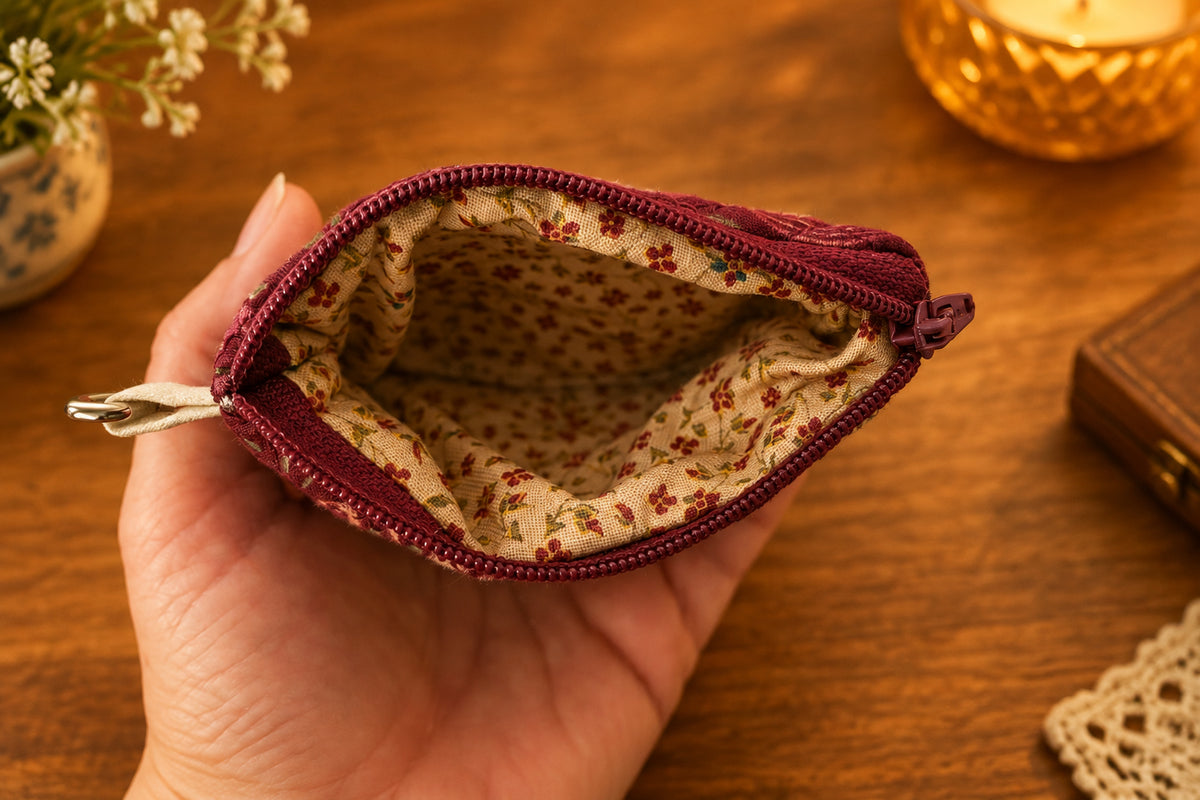 Hand Quilted Maroon Floral Coin Pouch
