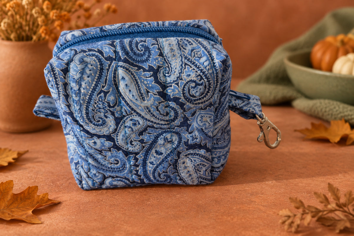 Hand Quilted Blue Paisley Tiny Boxy Pouch