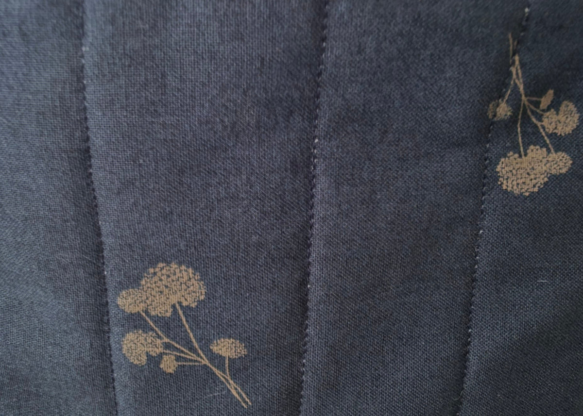 A close-up of a dark slate blue quilted fabric bag with beige floral pattern.