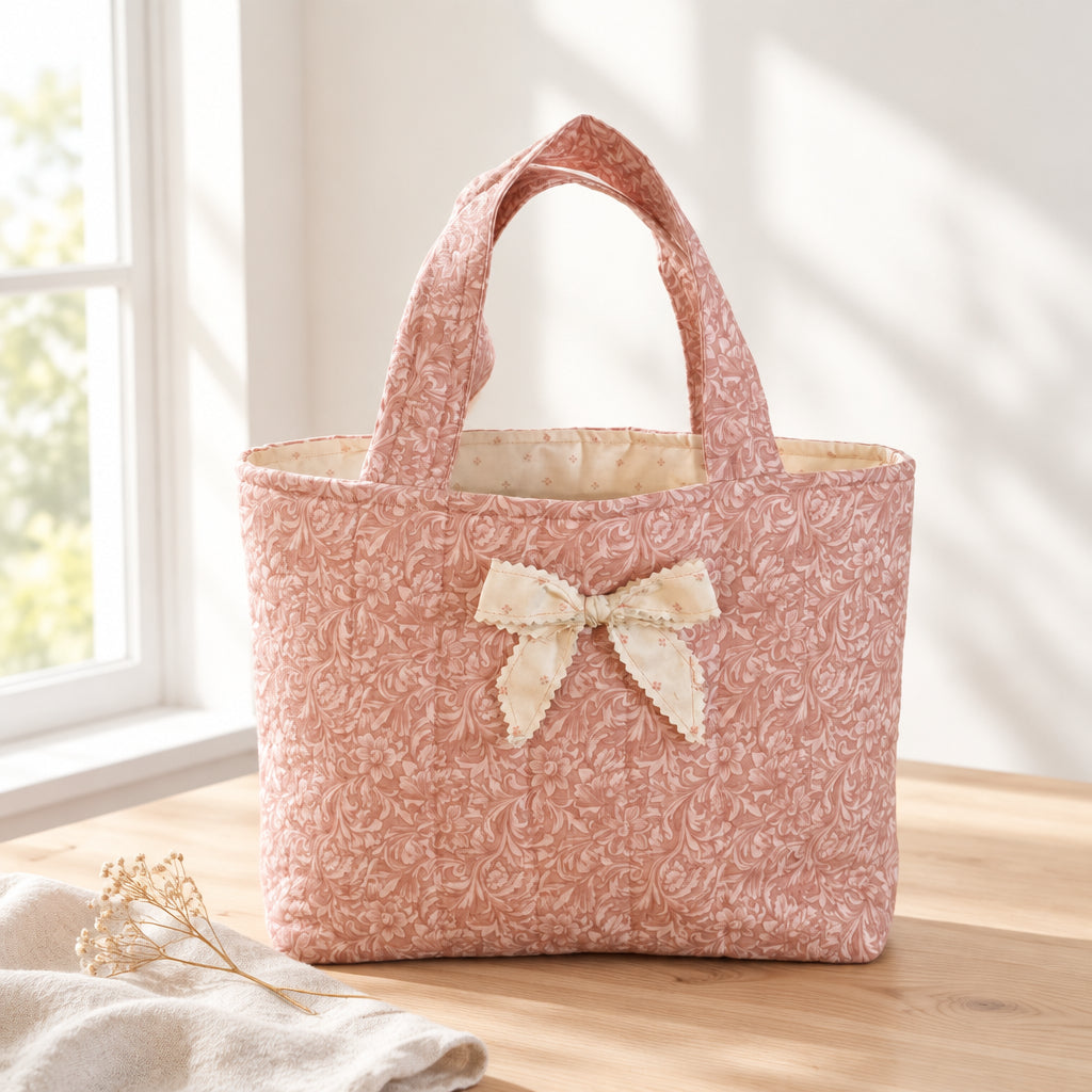 A small pink patterned fabric tote bag with cream-colored handles and a matching bow on the front, standing on a patterned surface against a plain wall.