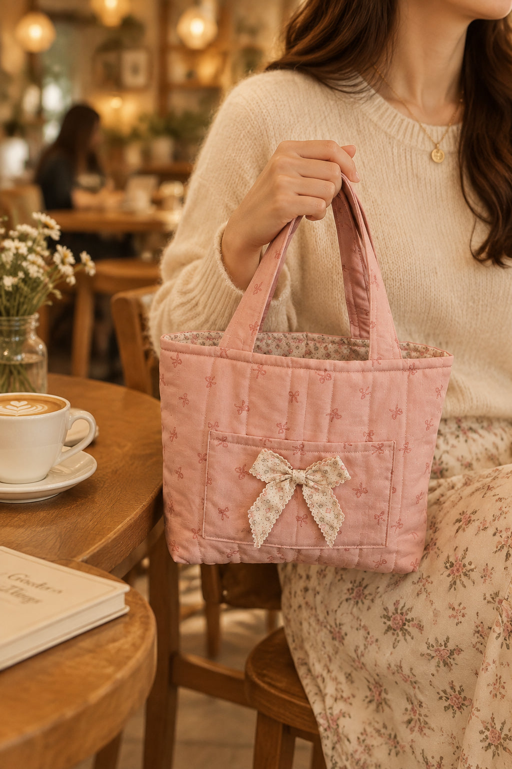 A small quilted pink fabric tote bag with a bow on the front, being carried in a cafe.