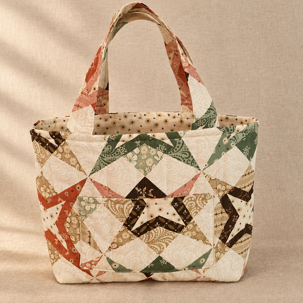 A handmade quilted tote bag with geometric star patterns in cream, green, orange, and black.