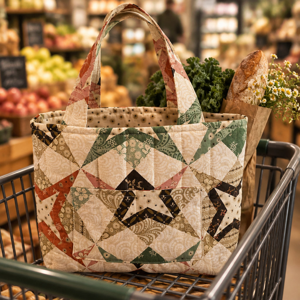A handmade quilted tote bag with geometric star patterns in cream, green, orange, and black.