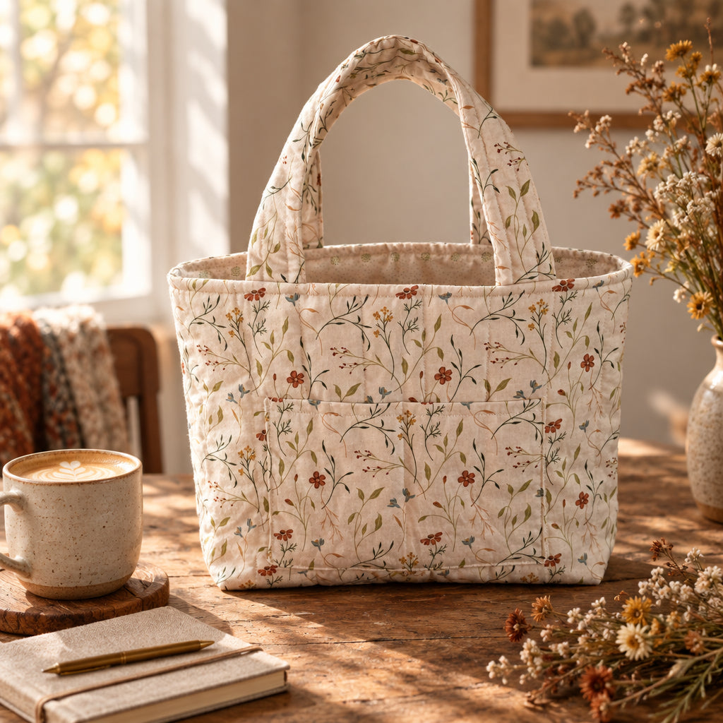A small fabric tote bag with a cream-colored background and a delicate brown floral and vine pattern, featuring two top handles.
