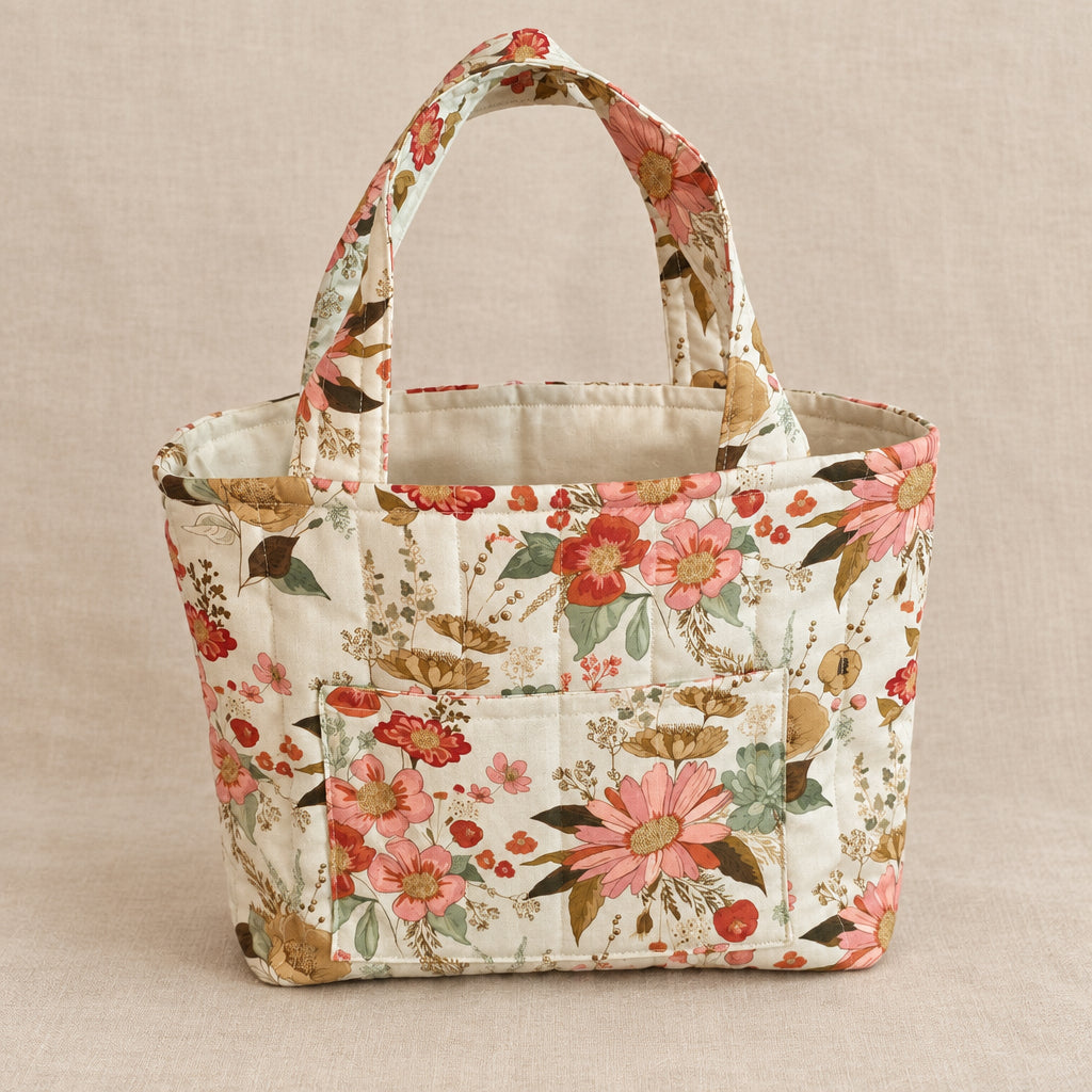 A small fabric tote bag with a floral print pattern, featuring two top handles and a quilted stitched texture, on a clean warm linen background