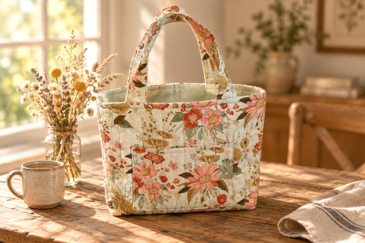 A small fabric tote bag with a floral print pattern, featuring two top handles and a quilted stitched texture.