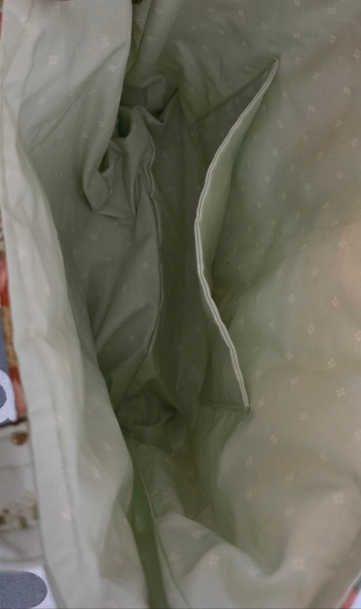 Close-up of the inside of a light sage green fabric bag or pouch, showing a main compartment and a side pocket.