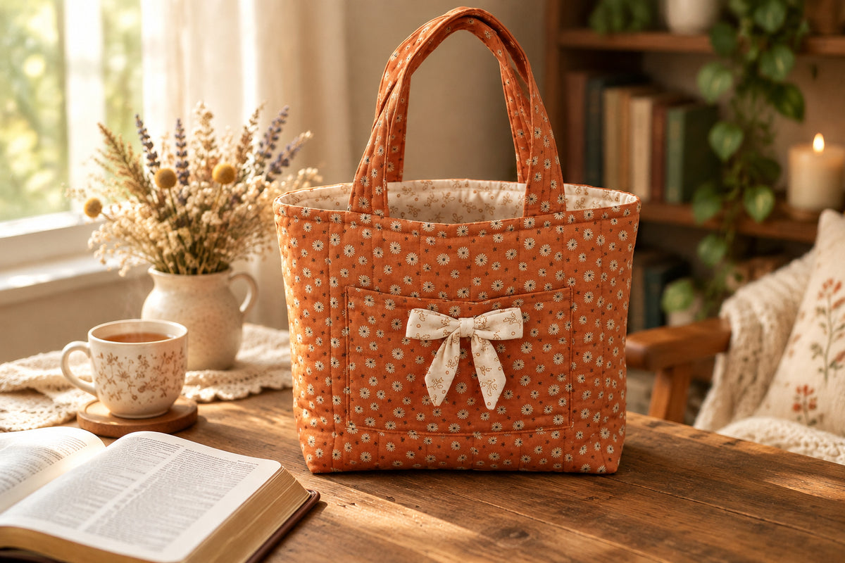 An orange fabric tote bag with a small white floral pattern, featuring dual top handles and a decorative white bow on the front pocket.