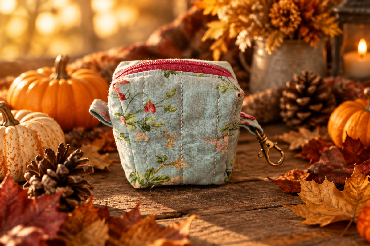 Floral Garden Tiny Boxy Pouch in a fall scene