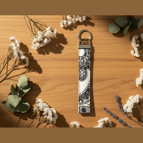 Gray White Floral Wristlet Strap