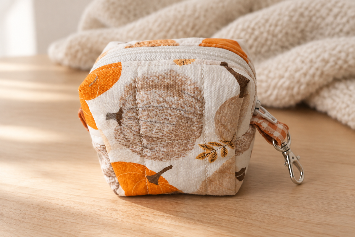 Pumpkin Patch Tiny Boxy Pouch in a cozy neutral scene