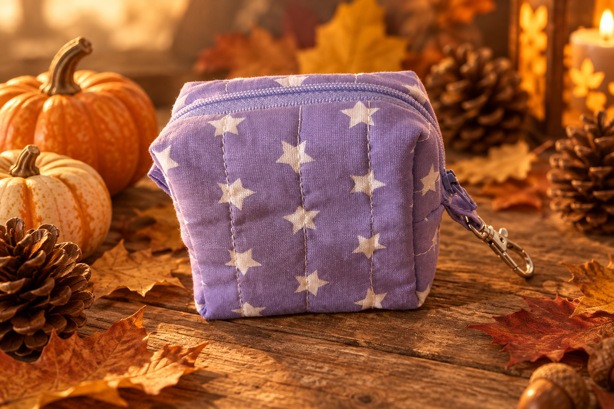 Purple Stars Tiny Boxy Pouch in a fall scene